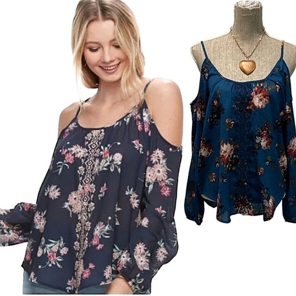Rewind teal floral cold shoulder blouse sz L